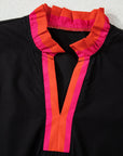 Stripe Trim Ruffle Split Neck Long Sleeve Blouse