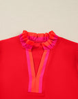 Stripe Trim Ruffle Split Neck Long Sleeve Blouse
