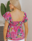 Floral Sweetheart Neck Flutter Sleeve Blouse