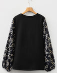 Plus Size Bow Tie Patchwork Long Sleeve Blouse