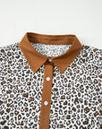 Plus Size Leopard Half-Button Collared Puff Sleeve Dress