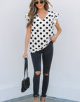 Halo Polka Dot Ruffled Sleeve V Neck Blouse