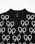 Bow Zipped Collar Drop Shoulder Sweater