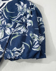 Floral Stripe Trim Puff Sleeve V-Neck Blouse