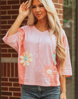 Flower Patch Exposed Seam 3/4 Sleeve T-Shirt
