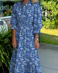Floral Frilled V-Neck 3/4 Sleeve Midi Dress