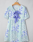 Floral Contrast Bow Puff Sleeve Mini Dress
