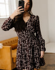 Brown Ditsy Floral Print Split Neck Long Sleeve Shirred Waist Flared Mini Dress