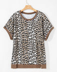 Plus Size Leopard Contrast Trim Short Sleeve Top