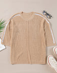 Contrast Stripe 3/4 Sleeve Crew Neck Sweater