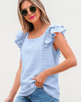 Textured Bow Back Frilled Butterfly Sleeve Blouse