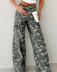 Camo Denim Cargo Wide Leg Pants