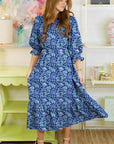 Floral Frilled V-Neck 3/4 Sleeve Midi Dress