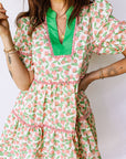Floral Ricrac Trim Contrast V-Neck Puff Sleeve Dress