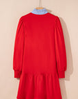 Stripe Contrast Collar Puff Sleeve Ruffle Mini Dress