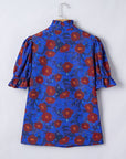 Floral Ruffle Frilled V-Neck Balloon Sleeve Blouse