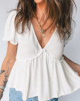 Floral Bow Tie Back Bubble Sleeve Peplum Top