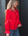 Stripe Trim Ruffle Split Neck Long Sleeve Blouse