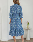 Floral Frilled V-Neck 3/4 Sleeve Midi Dress