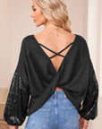 Sequin Patchwork Sleeve Open Back Top