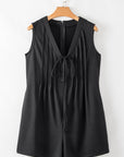 Solid Tie V-Neck Pintuck Sleeveless Romper