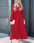 Floral Embroidered Long Sleeve Tiered Maxi Dress