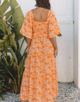 Floral Smocked V-Neck Wide Sleeve Maxi Dress