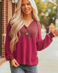 Waffle Patchwork Drop Shoulder Long Sleeve Hooded Top