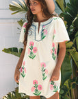 Floral Short Sleeve Split Neck Mini Dress