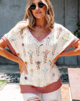 Flower Embroidered Colorblock Edge Hollowed Sweater