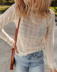 Sheer Plaid Mesh Lettuce Trim Long Sleeve Top