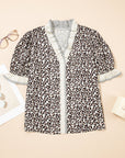 Leopard Colorblock Stripe V-Neck Short Sleeve Blouse