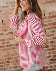 Stripe Patch Pocket Side Slit Buttoned Shirt