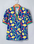 Floral Stripe Patchwork V-Neck Short Sleeve Blouse