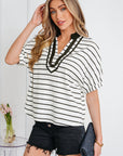 Stripe Stand Collar V-Neck Dolman Sleeve Top