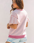 Stripe Contrast Detail Ruffle Short Sleeve Top