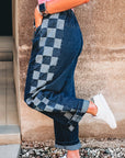 Denim Checker Side Panel Patchwork Drawstring Pants