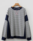 Blue Stripe Contrast Stitched Detail Color Block Patchwork Plus Size Sweatshirt