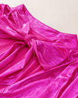 Metallic Bow Tie Ruched Sleeve Backless Blouse