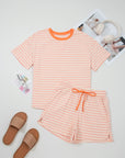 Stripe Contrast Trim Tee & Drawstring Shorts Set