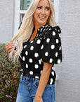 Polka Dot Shirred Notched Neck Balloon Sleeve Blouse