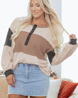 Colorblock Waffle Knit Patchwork Henley Top