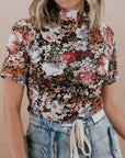 Floral Mesh Mock Neck Short Sleeve Top
