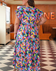 Plus Size Geometric Ruffle Sleeve Maxi Dress
