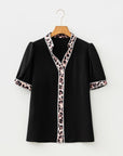 Leopard Trim Puff Sleeve Buttoned V-Neck Shirt