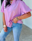 Solid Puff Sleeve Notched V-Neck Blouse