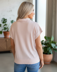Solid Ribbed Knit Collared V-Neck Tee