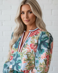 Floral Contrast Trim V-Neck Cuffed 3/4 Sleeve Blouse