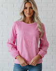 Heart Embroidered Eyelet Patchwork Long Sleeve Top