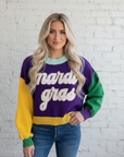 Mardi Gras Colorblock Fuzzy Patchwork Sweater